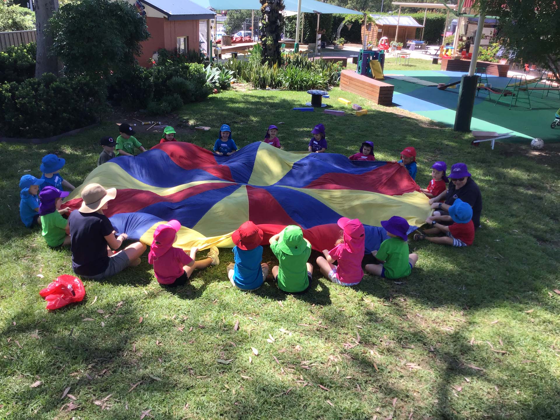 Children playing in a group with guided instruction as part of relationships and communication